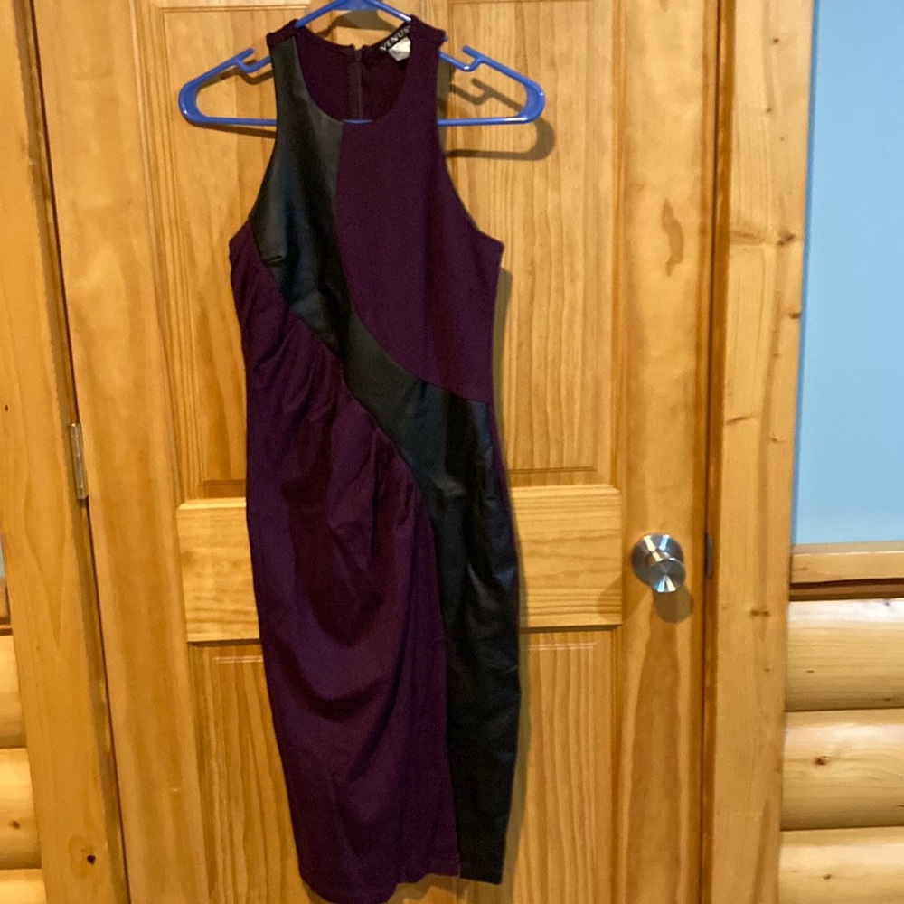 Venus dress plum and faux black leather.